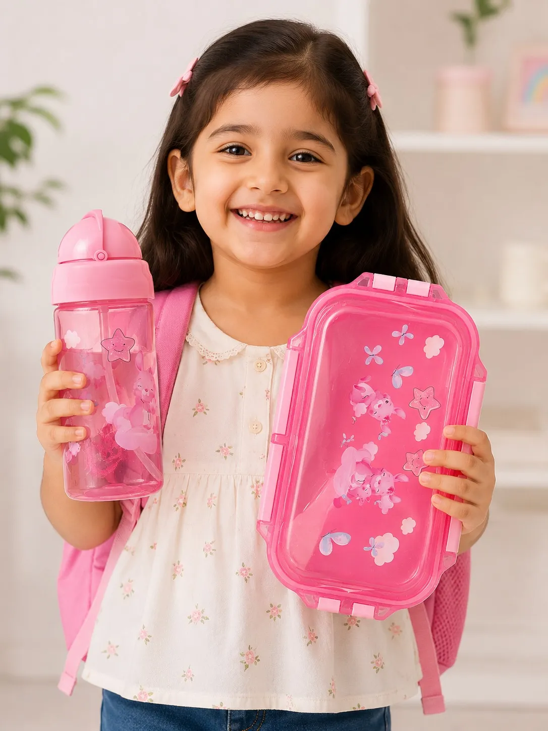 Blush Pink Happy Kids Cartoon Lunch Box And Sipper Bottle Combo Set 