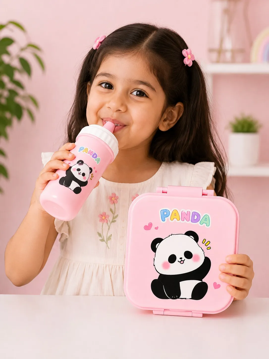 Blush Pink Panda Cartoon Lunch Box And Sipper Bottle Combo Set