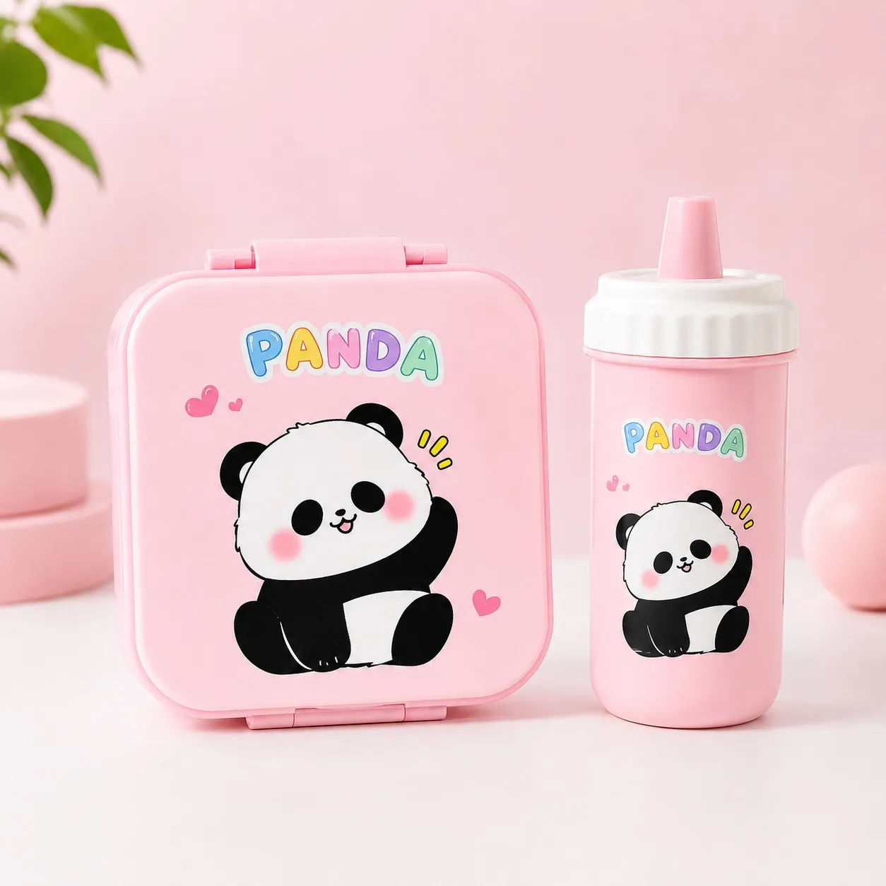 Blush Pink Panda Cartoon Lunch Box And Sipper Bottle Combo Set 