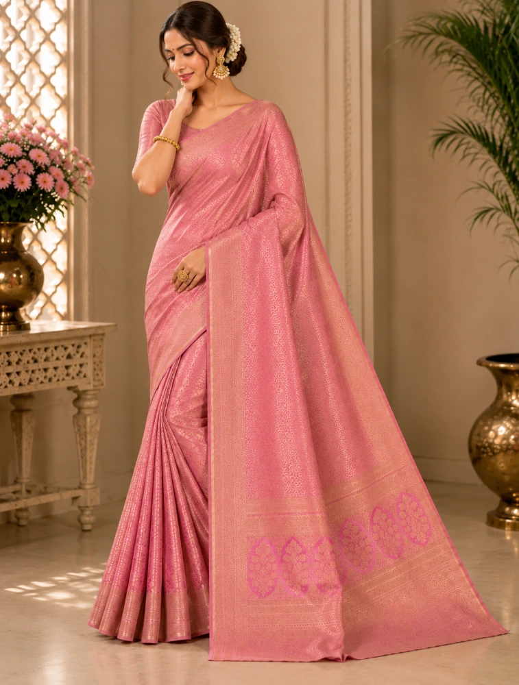 Blush Pink Womens Elegant Tissue Brocade Saree with Rich Zari Border