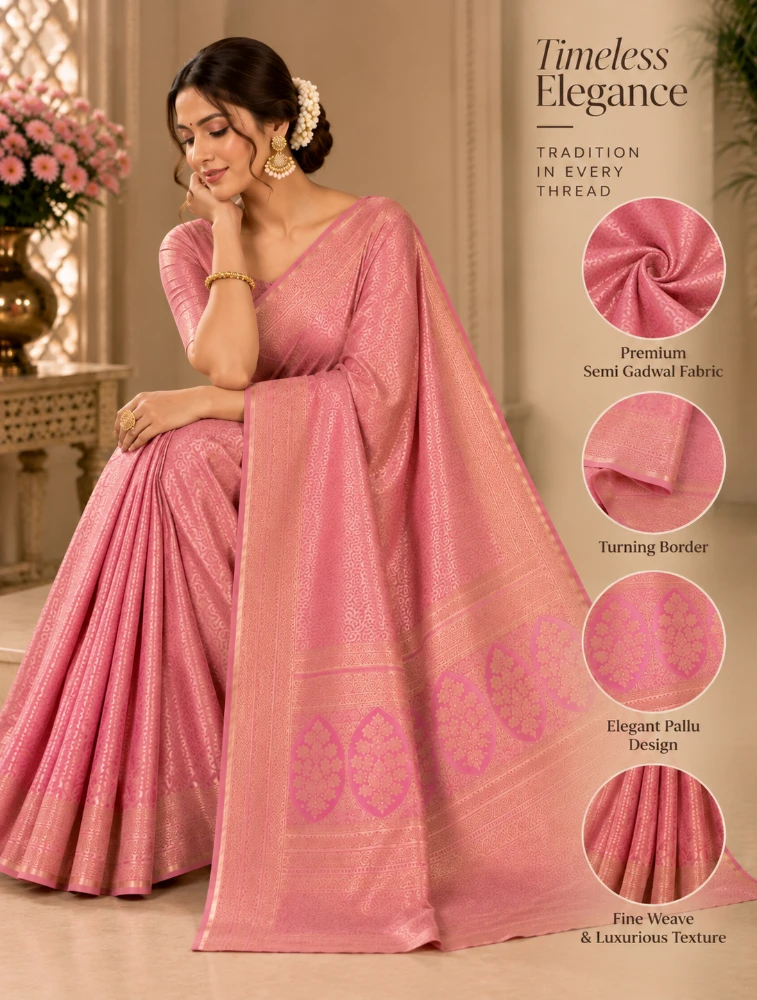  Blush Pink Womens Elegant Tissue Brocade Saree with Rich Zari Border