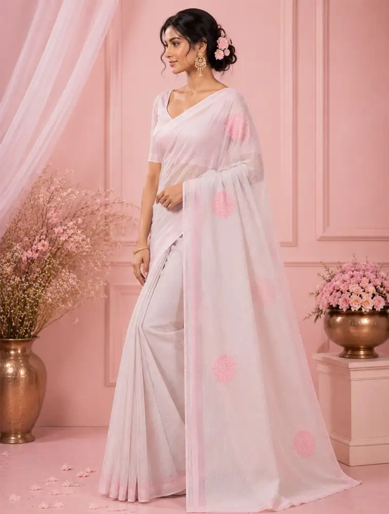 Blush Pink Womens Premium Linen Cotton Stone Work With Embroidery Special Sarees 