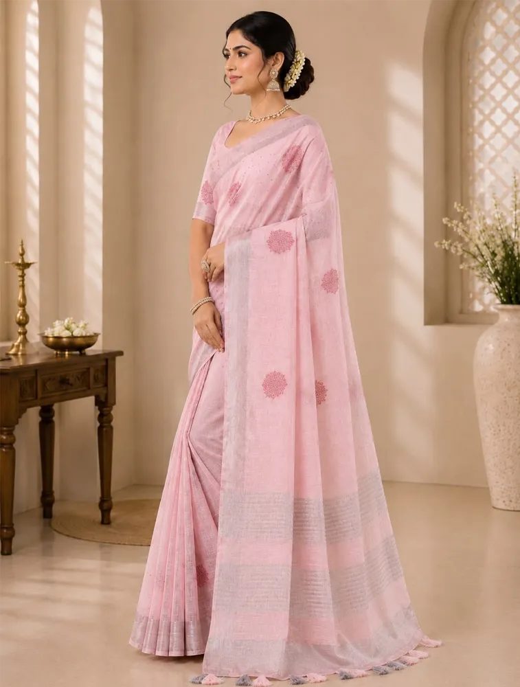 Blush Pink Womens Premium Linen Cotton Stone Work With Embroidery Special Sarees — bulk from ₹2587