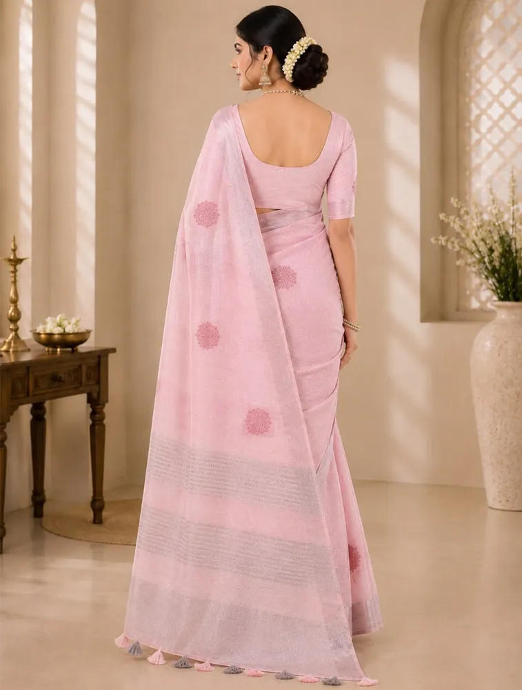Blush Pink Womens Premium Linen Cotton Stone Work With Embroidery Special Sarees