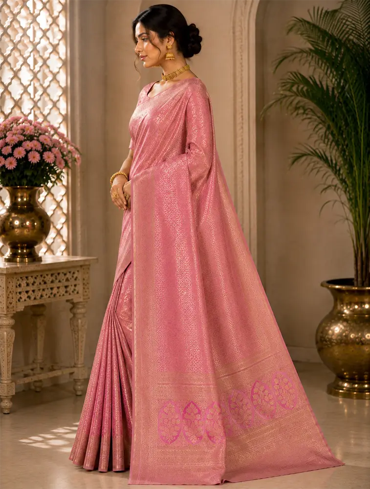 Blush Pink Womens Premium Tissue Brocade 3 Card Saree
