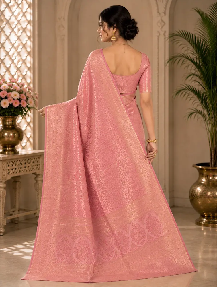 Blush Pink Womens Premium Tissue Brocade 3 Card Saree