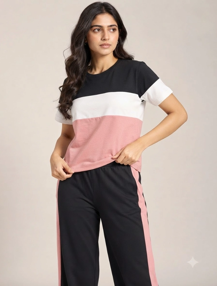 Blush Pink and Black Womens Patta Sport Night Suit