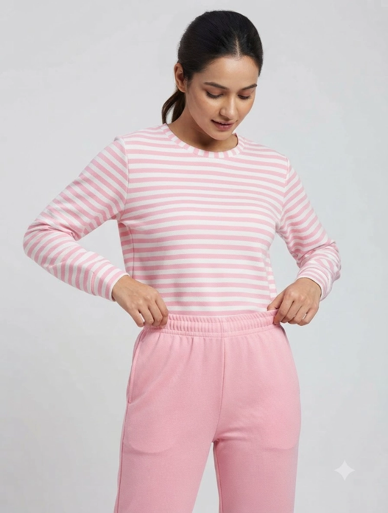 BlushPink Womens Casual Striped CoOrd Set