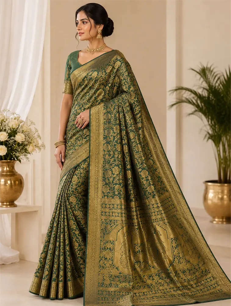 Bottle Green  Womens  Premium Tissue Brocade 3 Card Saree