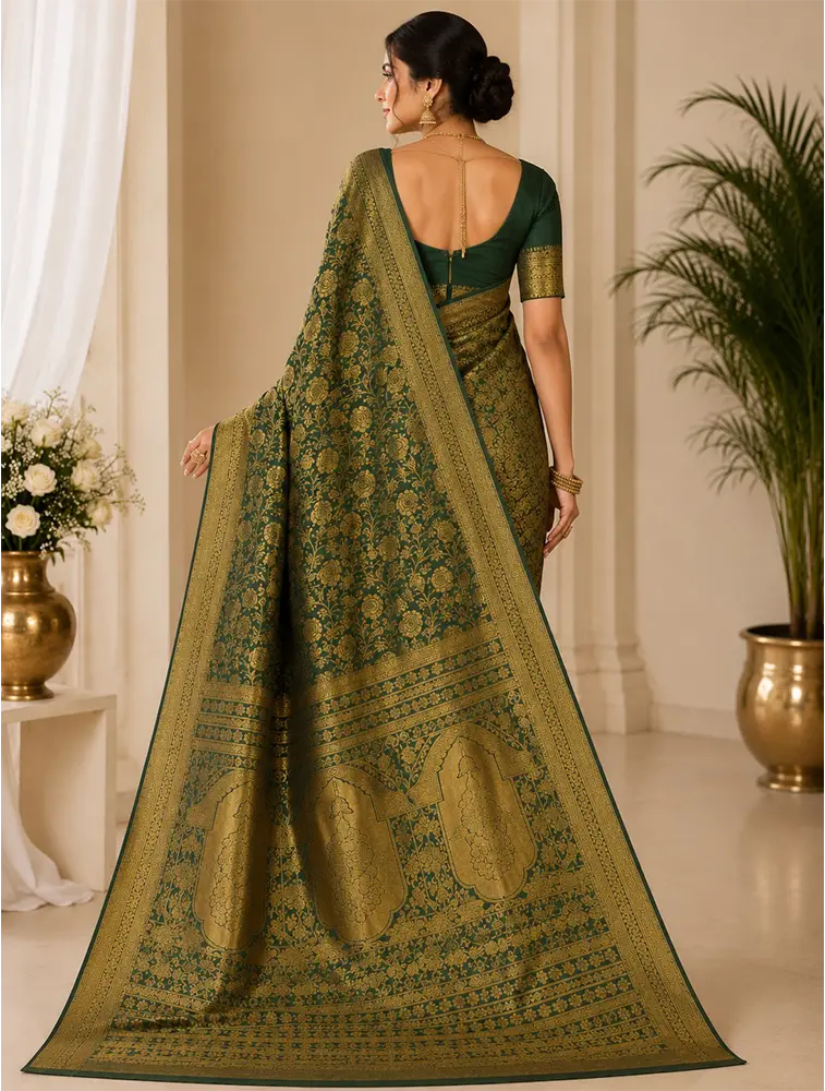 Bottle Green  Womens  Premium Tissue Brocade 3 Card Saree    