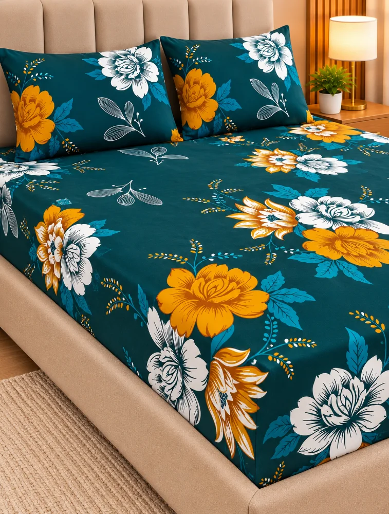 Bottle Green Cotton Printed Double Coat Queen Size Bedsheet with Pillow Cover
