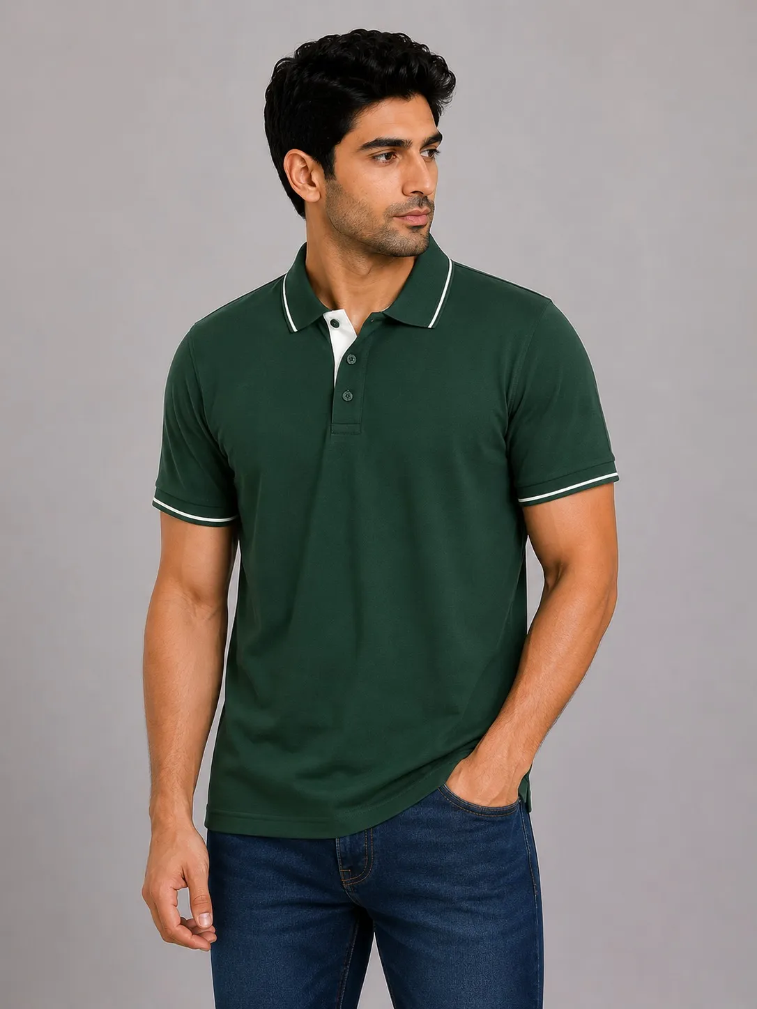 Bottle Green Mens Premiun Cotton 270 GSM Half Sleeve Polo T Shirt With White Collar And Sleeve Tipping