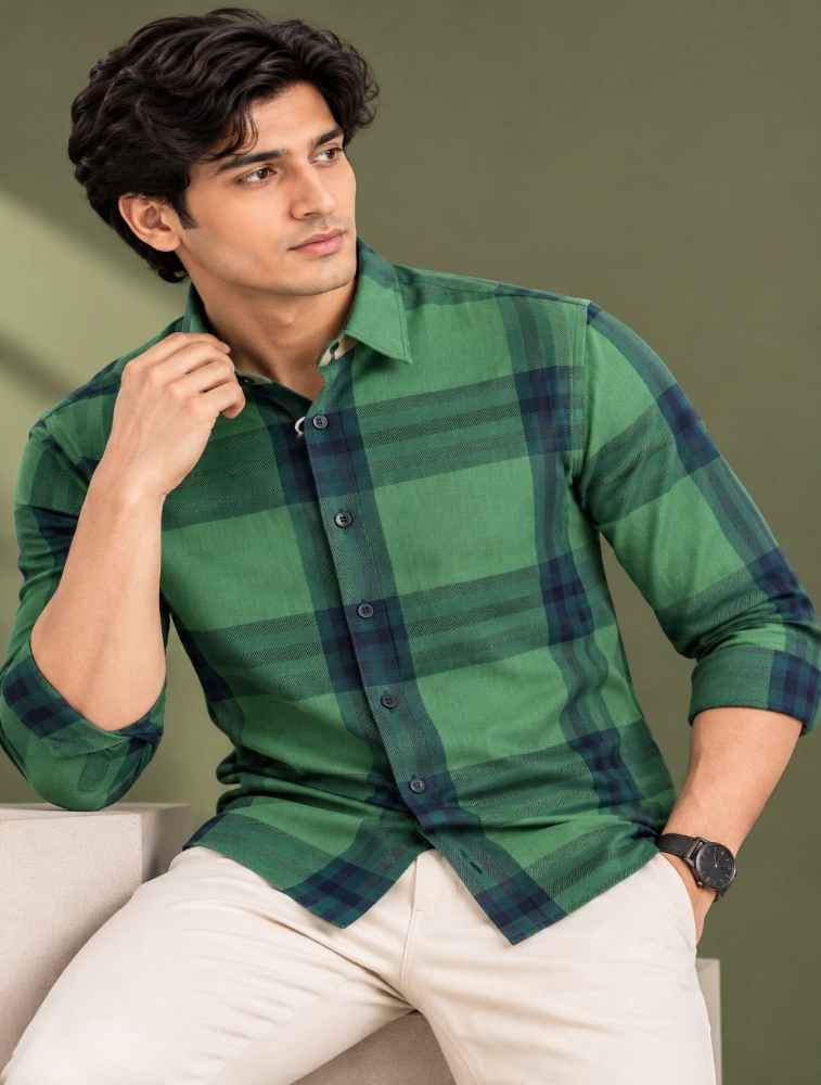 Bottle Green Mens Slim Fit Checks Casual Shirt