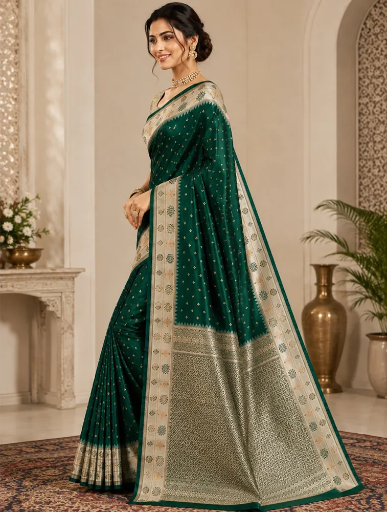 Bottle Green Womens Premium Semi Gadwal Saree with Turning Border