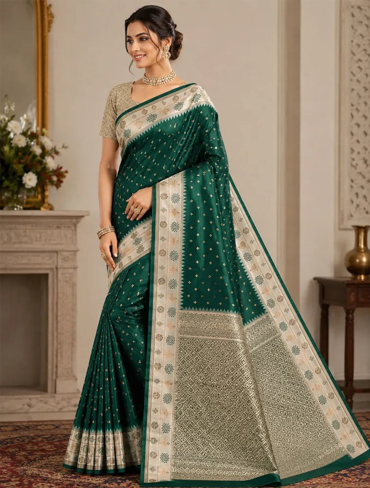 Bottle Green Womens Premium Semi Gadwal Saree with Turning Border