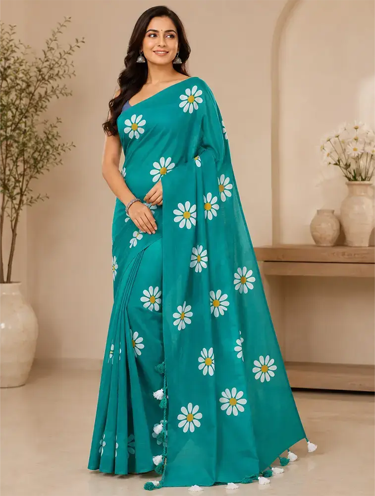 Bottle Green Womens Pure Linen Classic Sarees Collection