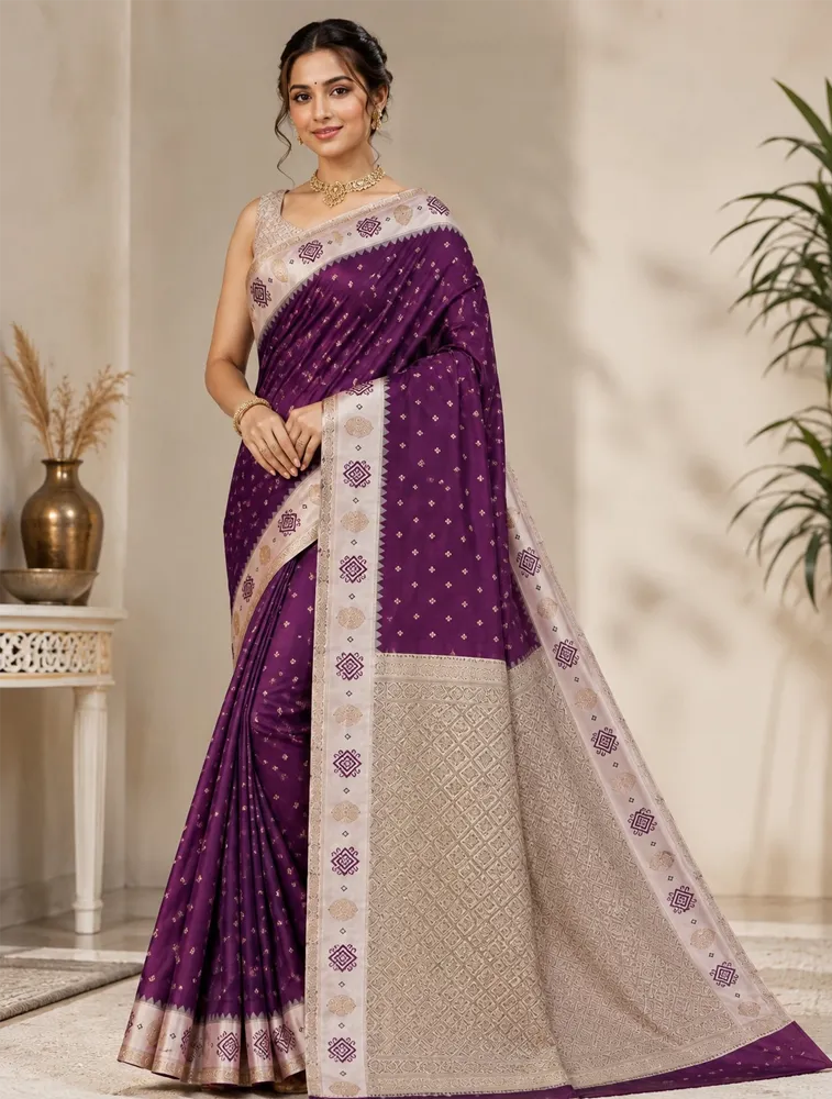 Brinjal Blue Womens Premium Semi Gadwal Saree with Turning Border