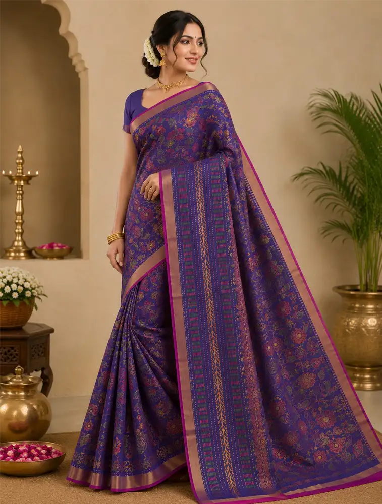 Brinjal Blue Womens Printed Heritage Slub Cotton Saree