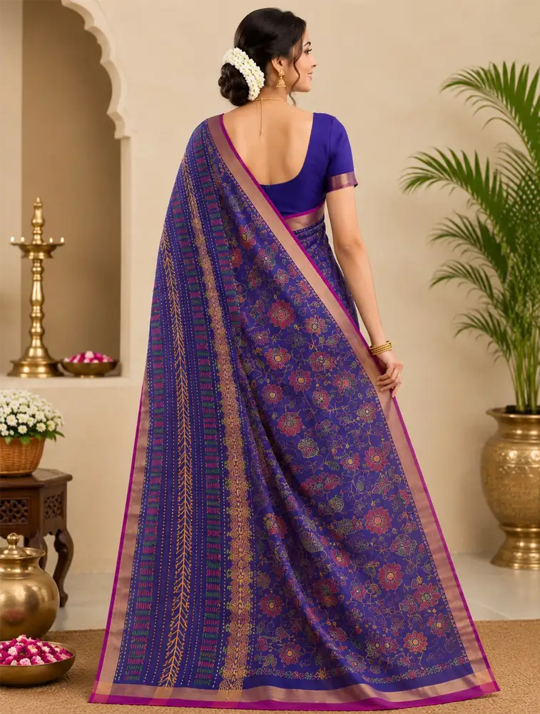 Brinjal Blue Womens Printed Heritage Slub Cotton Saree — bulk from ₹1473