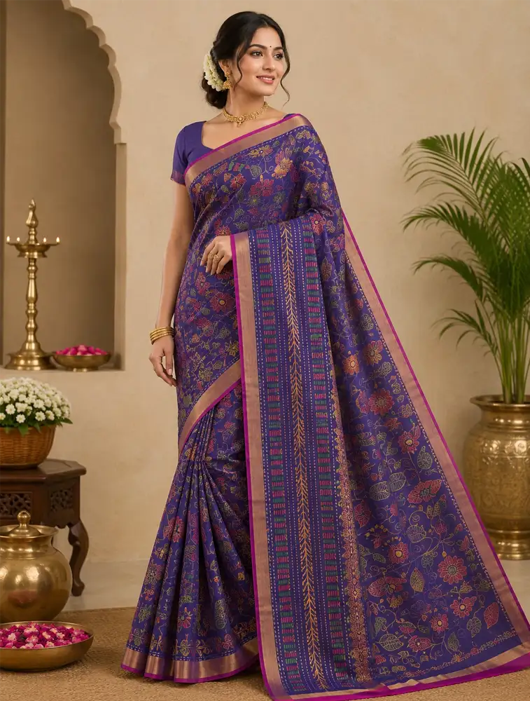 Brinjal Blue Womens Printed Heritage Slub Cotton Saree