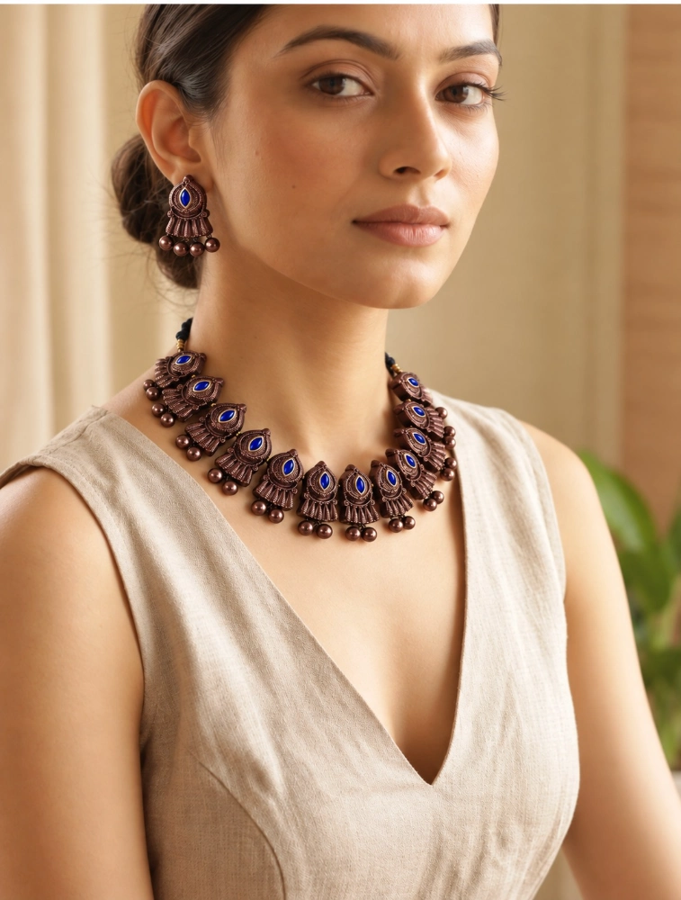 Bronze and Blue Peacock otifs Hand Painted Terracotta Jewellery Set