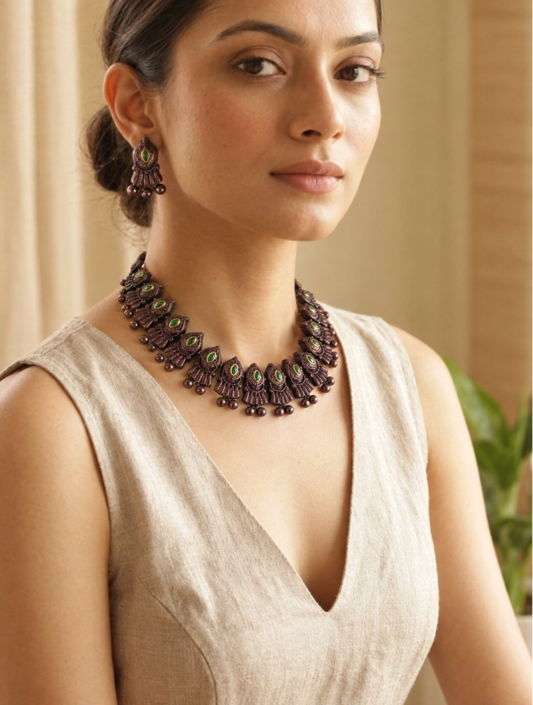 Bronze and Green Peacock Motifs Hand Painted Terracotta Jewellery Set