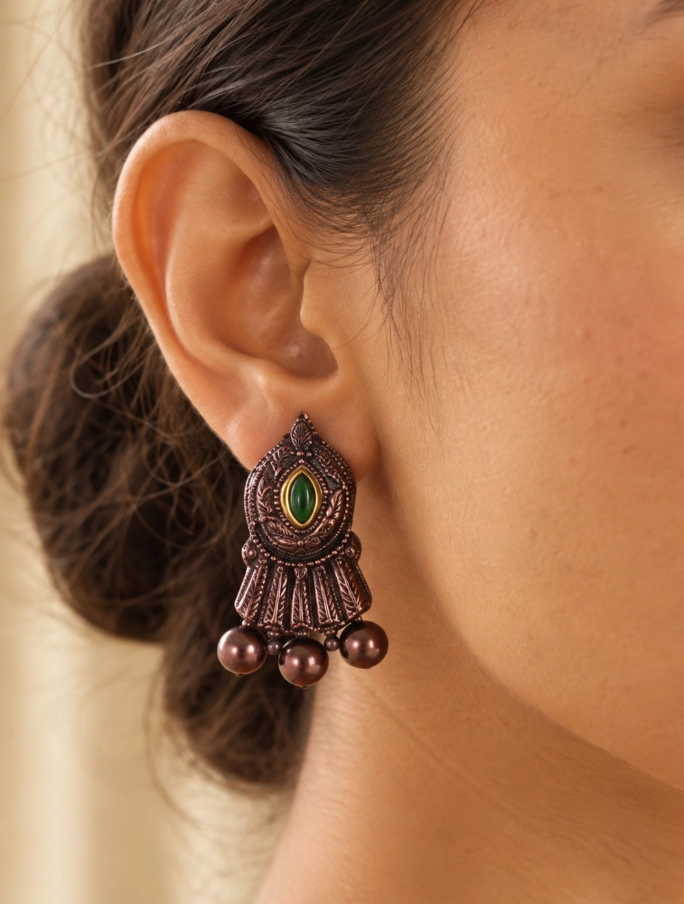 Bronze and Green Peacock Motifs Hand Painted Terracotta Jewellery Set