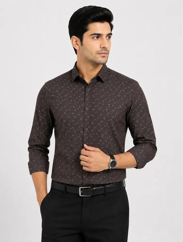 Brown  Mens Printed Casual Cotton Shirt    