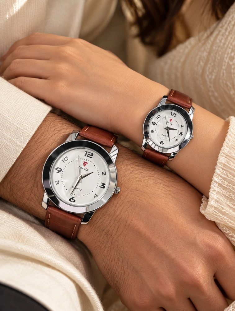 Brown Leather with Silver Arabic Dial Couples EverDuo Watch Set