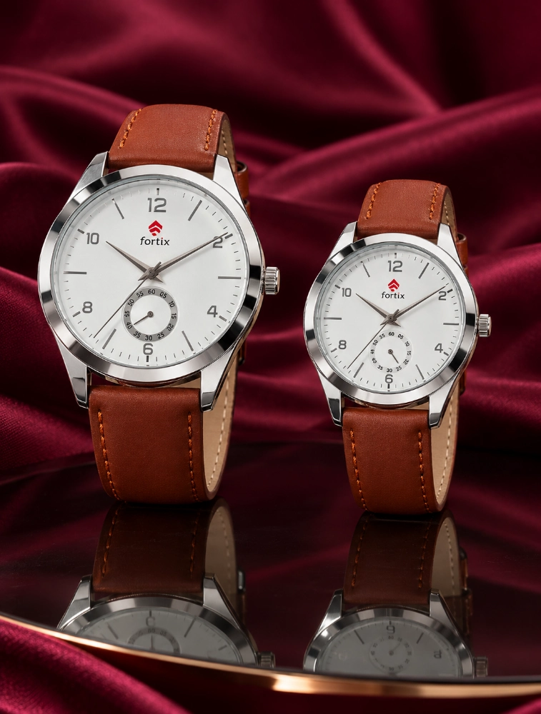 Brown Leather with Silver Dial Couples EverDuo Watch Set