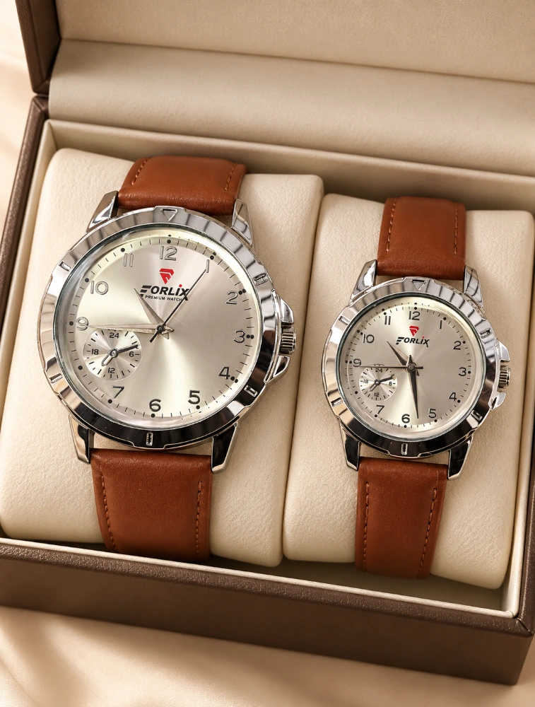 Brown Leather with Silver Dial Couples EverDuo Watch Set