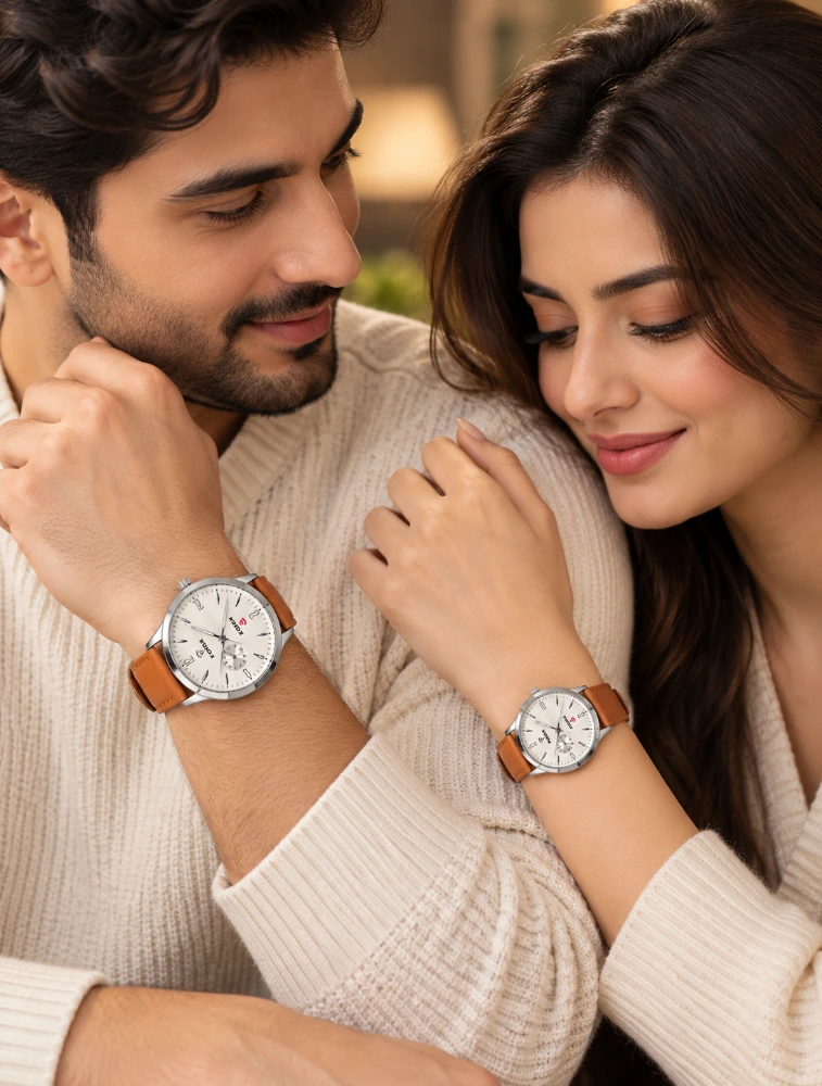 Brown Leather with Silver Sub Dial Couples EverDuo Watch Set