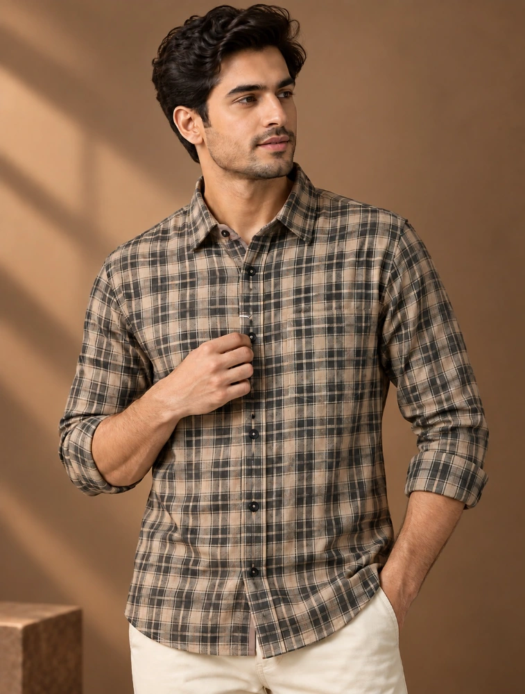 Brown Mens Slim Fit Checks Casual Shirt