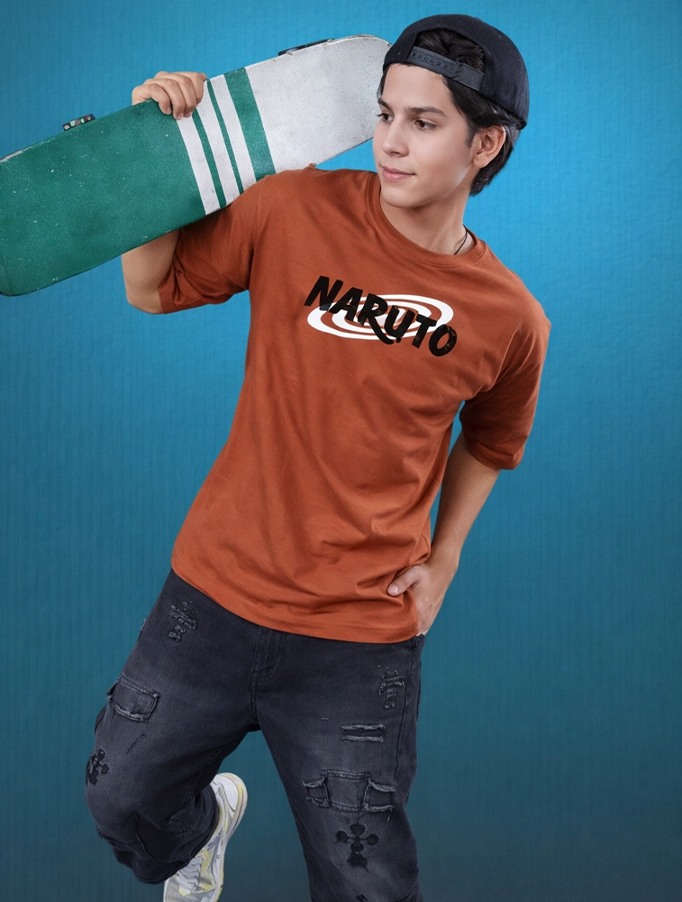 Brown Naruto Uzumaki Graphic Boys Oversized Cotton French Terry Half Sleeve Round Neck 220 GSM T shirt