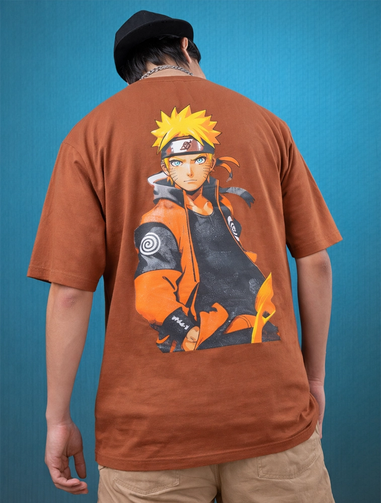 Brown Naruto Uzumaki Graphic Boys Oversized Cotton French Terry Half Sleeve Round Neck 220 GSM T shirt