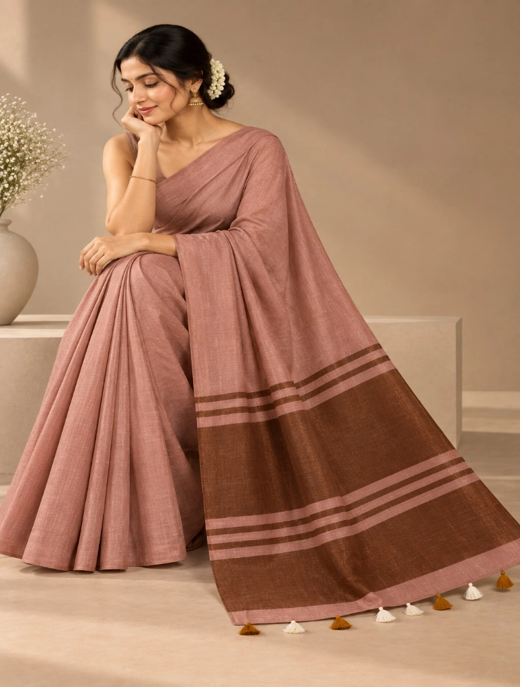 Brown Womens Premium Khadi Cotton with Zari Saree