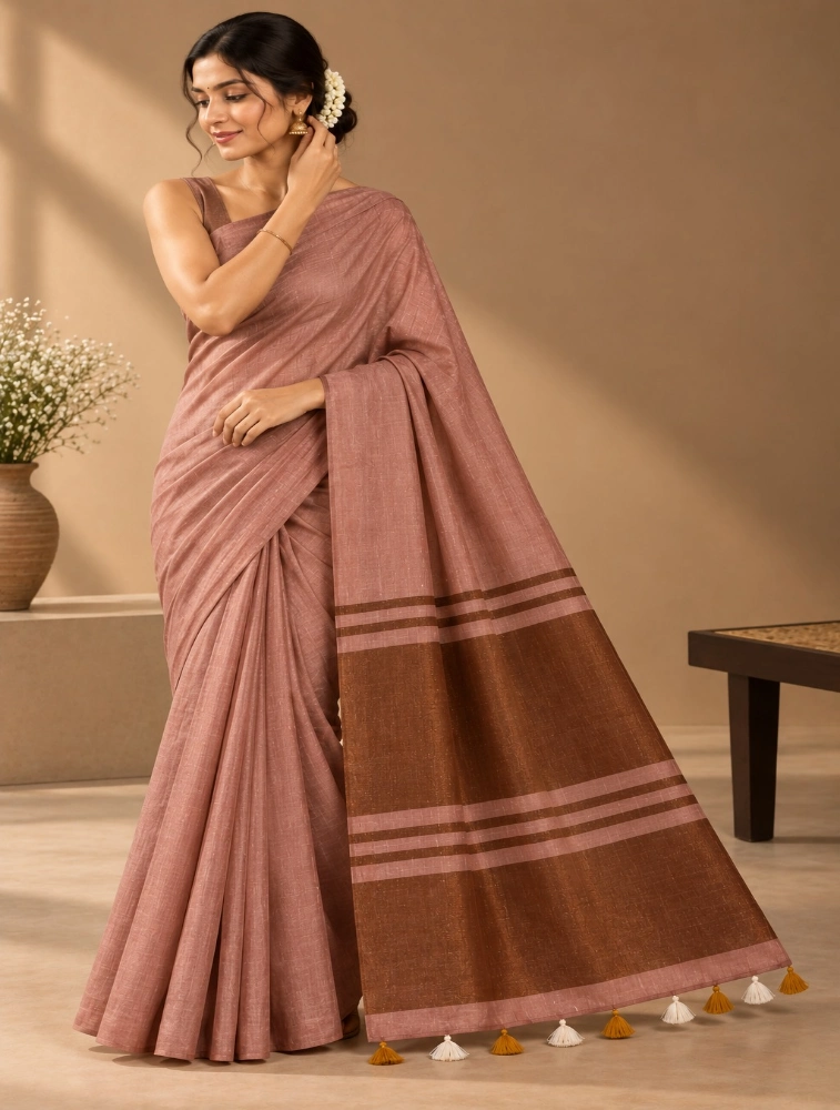 Brown Womens Premium Khadi Cotton with Zari Saree