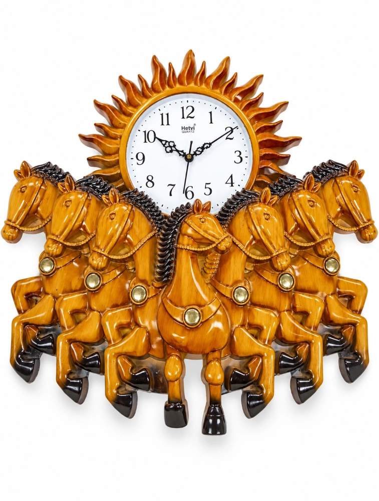 Brown Wood Hetvi Quartz Premium Designer Seven Horse Wall Clock 33812