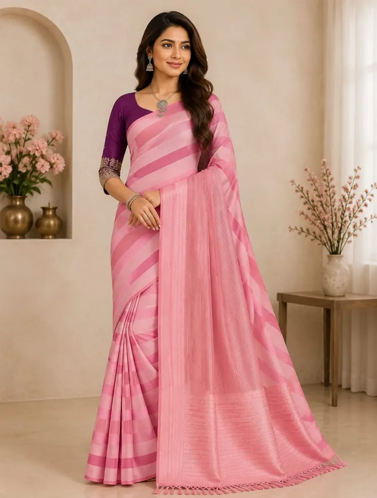 Bubblegum Pink Womens Premium Pure Linen Saree