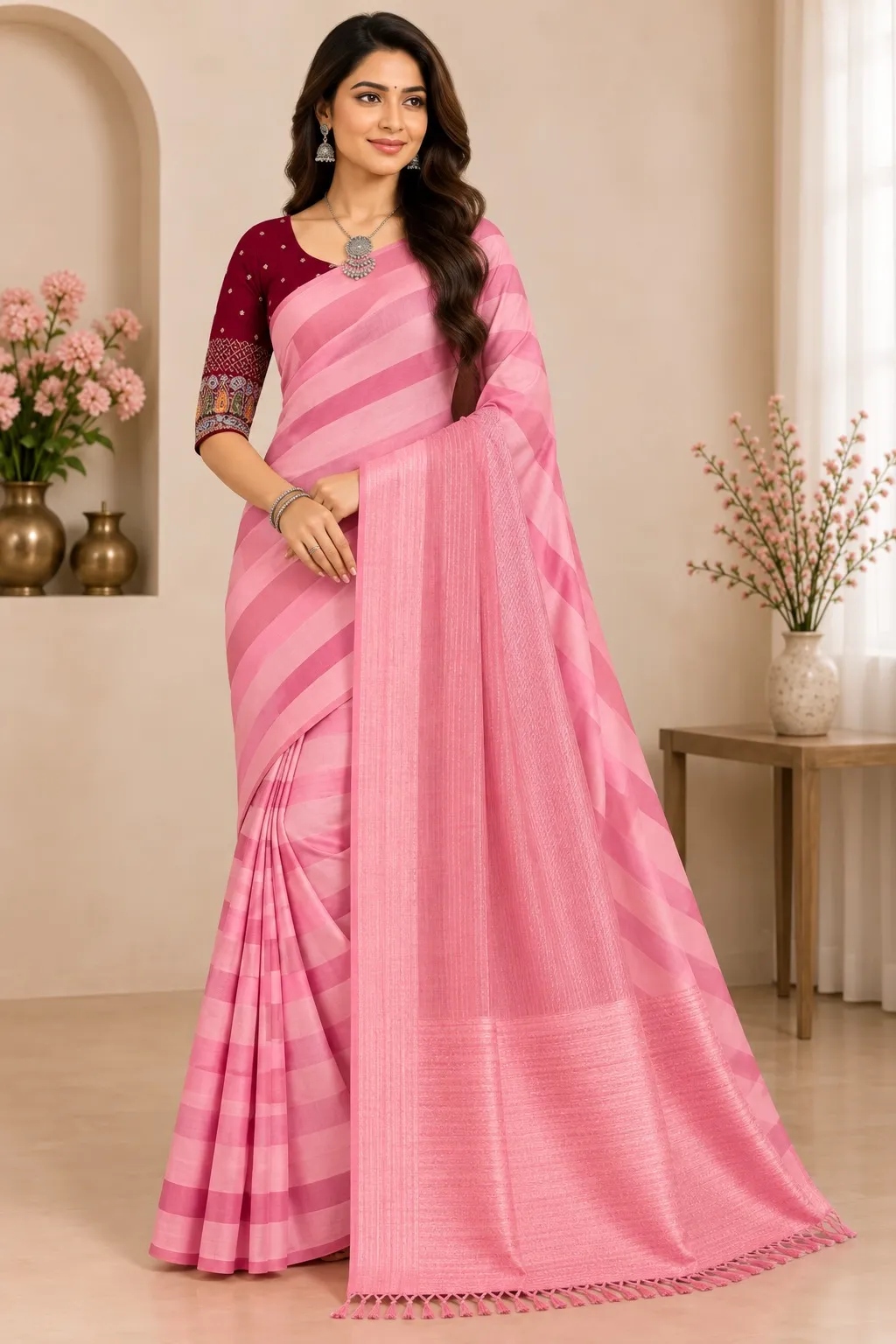 Bubblegum Pink  Womens Premium Pure Linen Saree