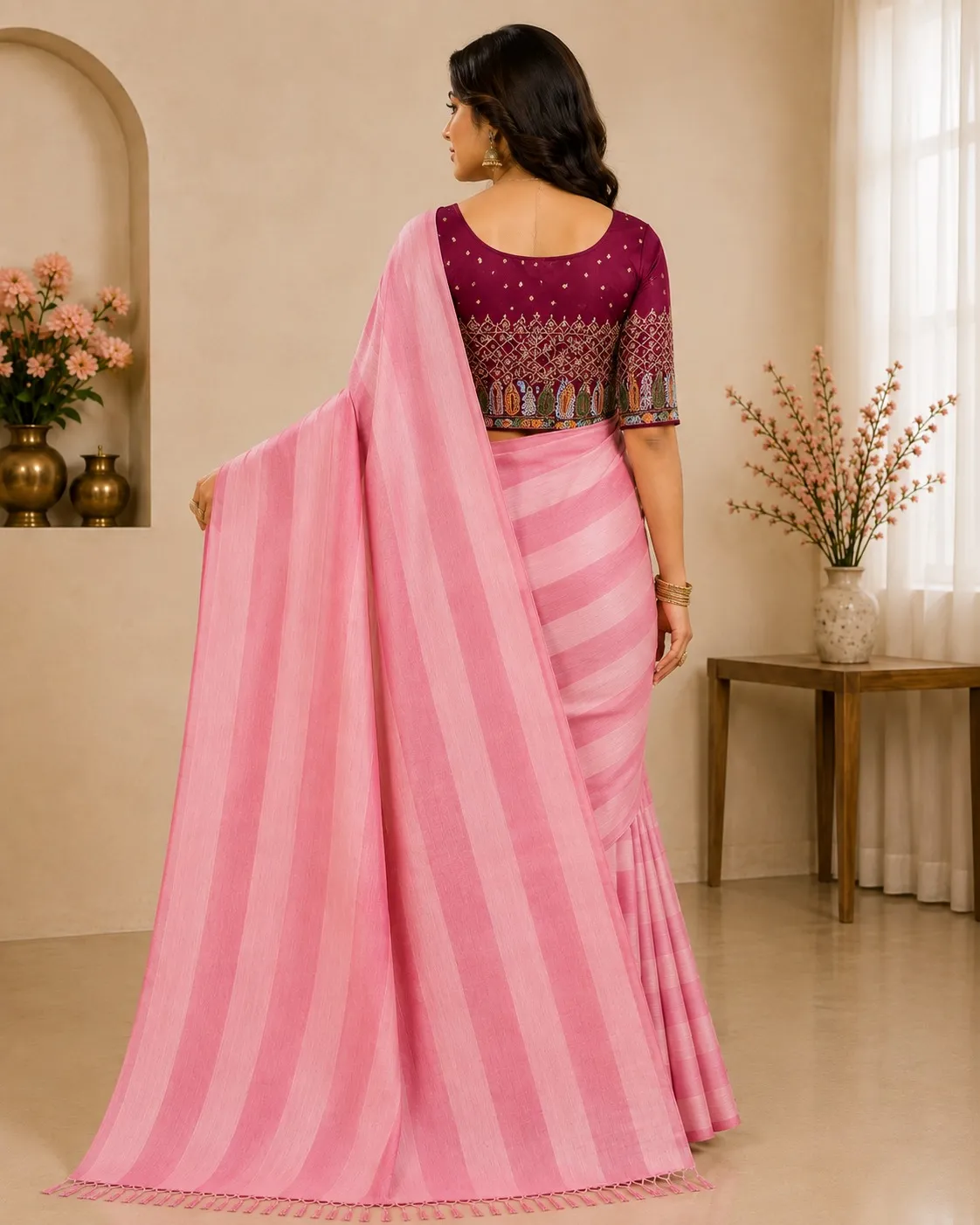 Bubblegum Pink  Womens Premium Pure Linen Saree — bulk from ₹1850