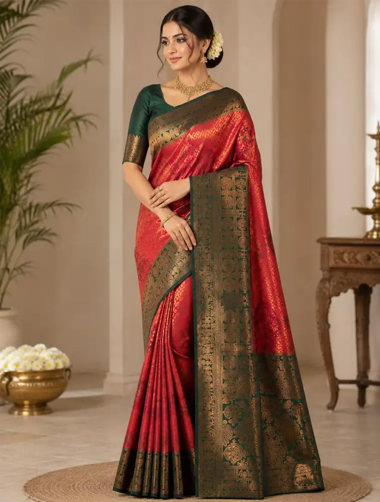 Burnt Orange Womens Printed Luxury Jarri Soft Silk Saree 