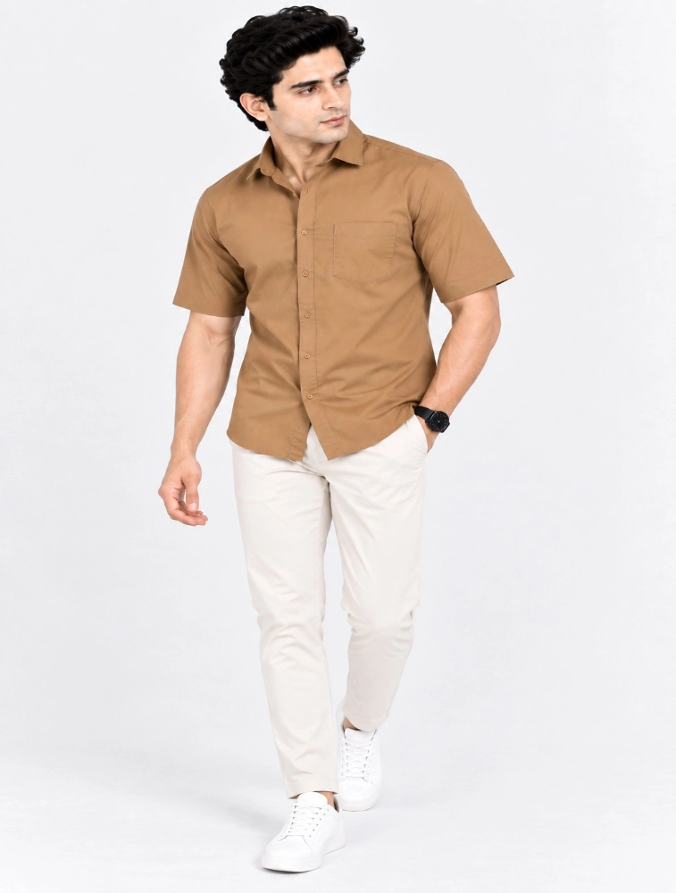 Camel Brown Mens Slim Fit Solid Casual Shirt