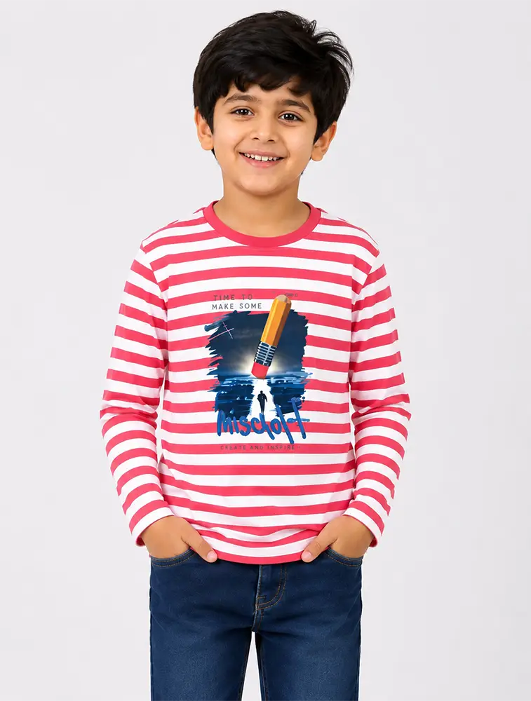 Candy Pink Boys Round Neck Printed T Shirt