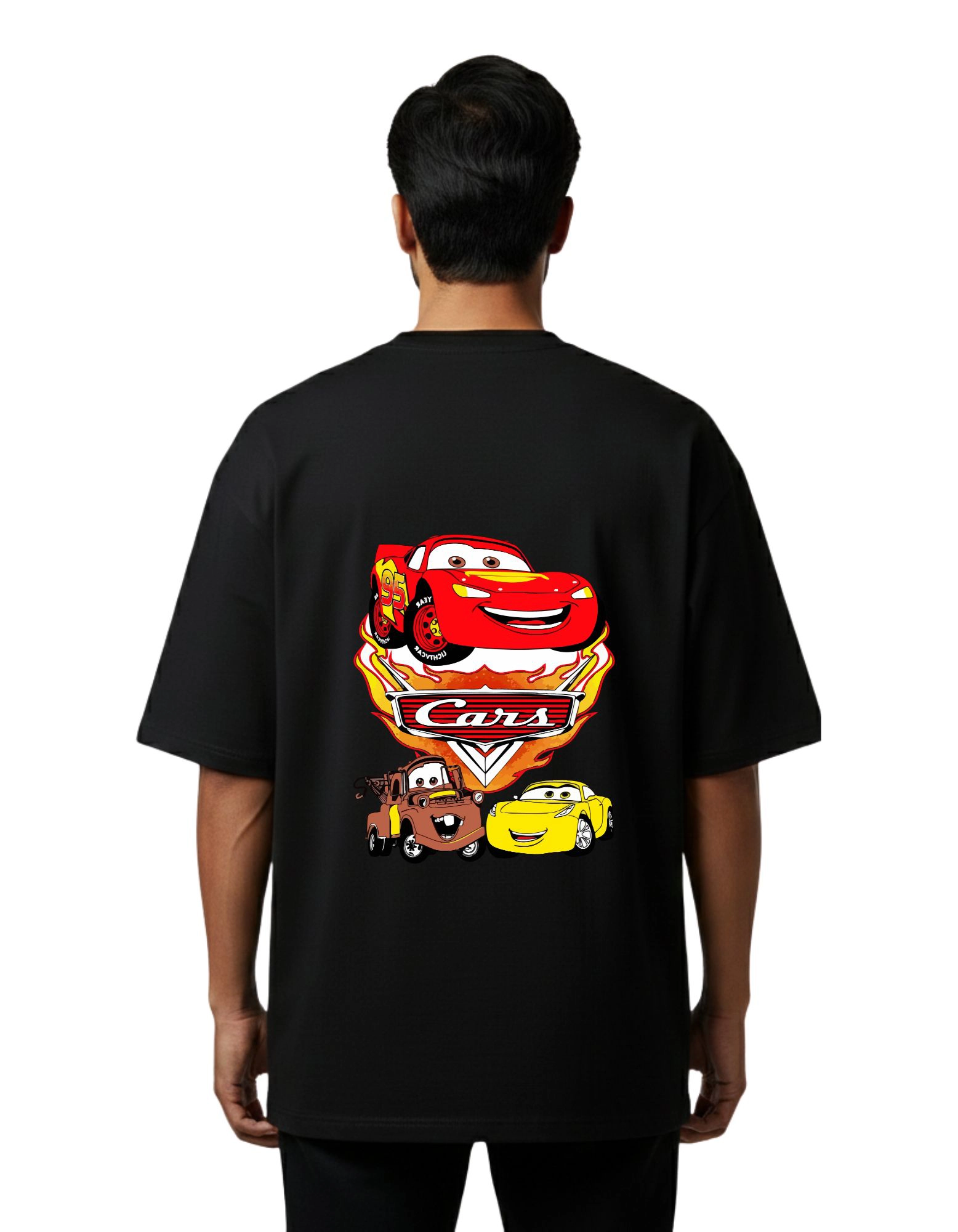 Cars Lightning McQueen Graphic Oversized Cotton French Terry 240 GSM T-Shirt Black