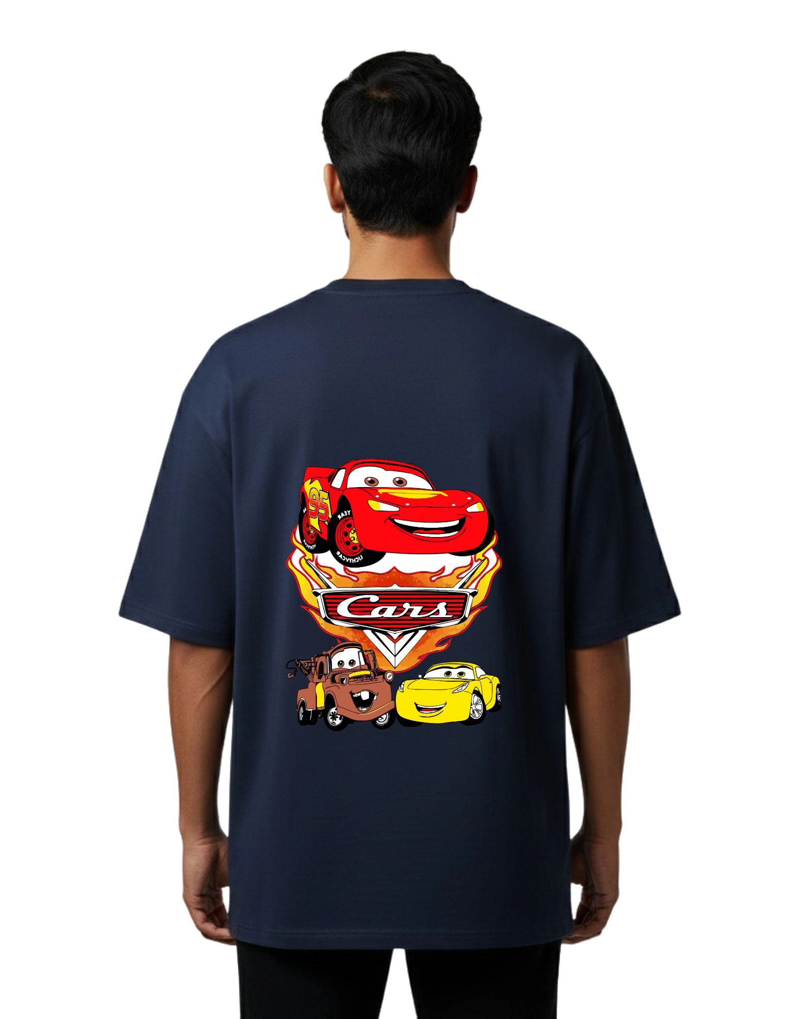 Cars Lightning McQueen Graphic Oversized Cotton French Terry 240 GSM T-Shirt Navy Blue