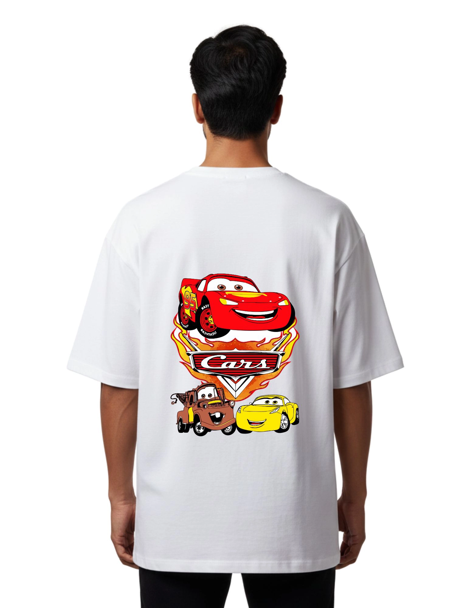 Cars Lightning McQueen Graphic Oversized Cotton French Terry 240 GSM T-Shirt White