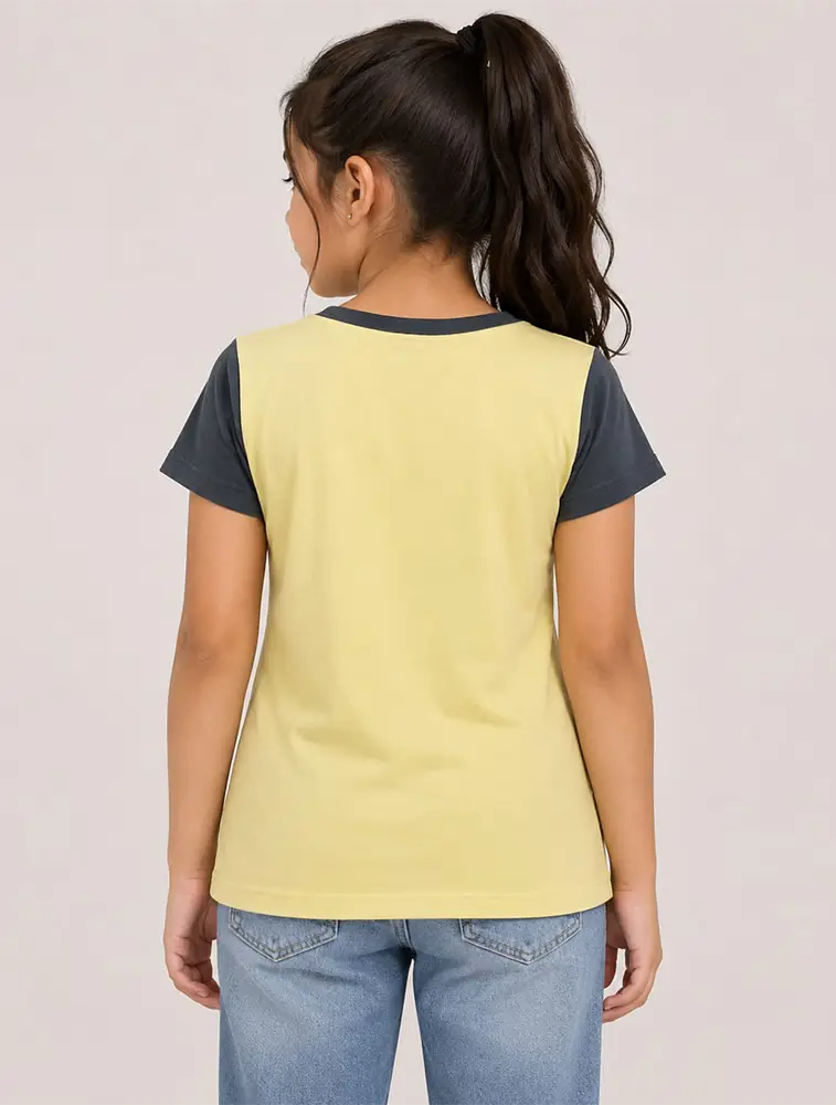 Cement Grey Girls Casual Graphic TShirt with Contrast Side Panels