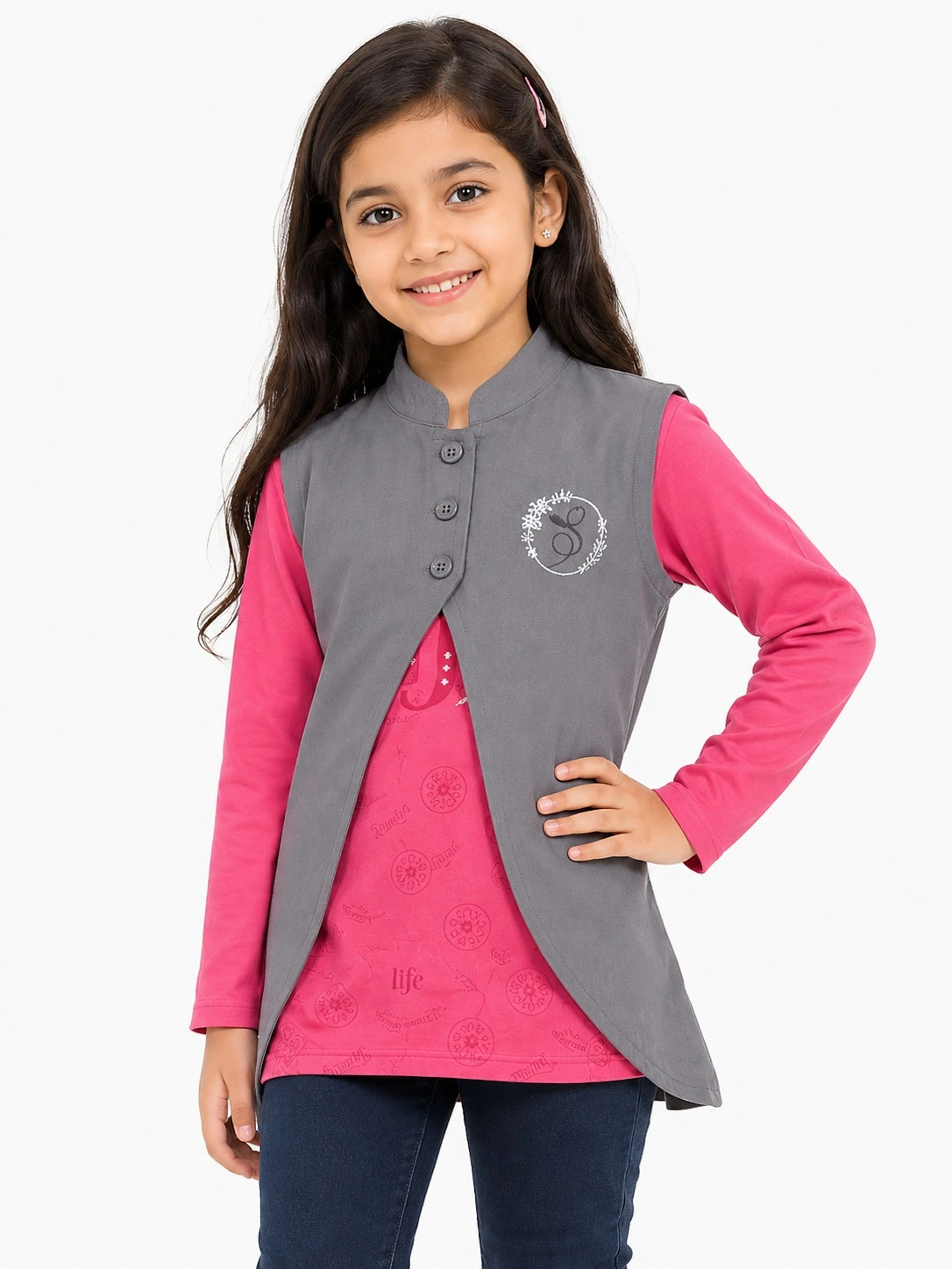 Cement Grey Kids Salma Kelsay Collar Embroidery T Shirt  2 Piece Set