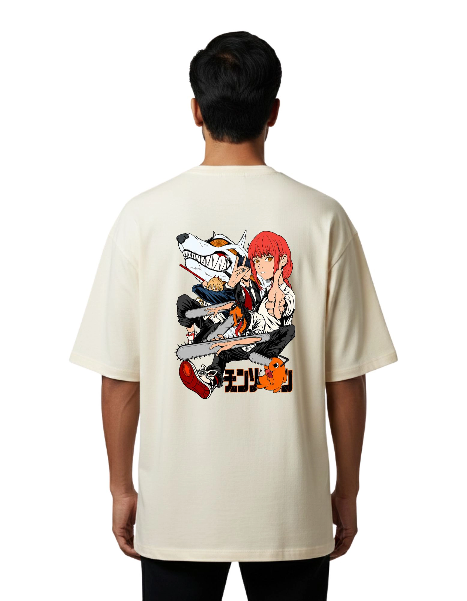 Chainsaw Anime Oversize Cotton French Terry T-Shirt 240 GSM Beige